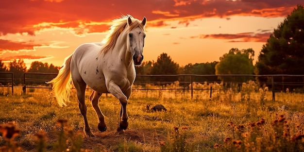 Horse Walking in a Field at Sunset in the Style of Description