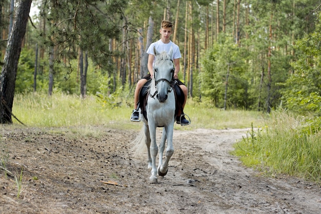 Конные прогулки, мальчик-подросток верхом на белом коне в лесу летом