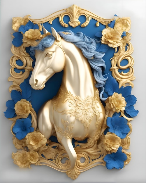 Photo horse wall frame floral gold and blue