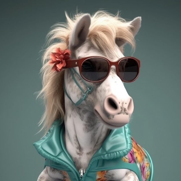 A horse wearing a jacket with a flower on it.