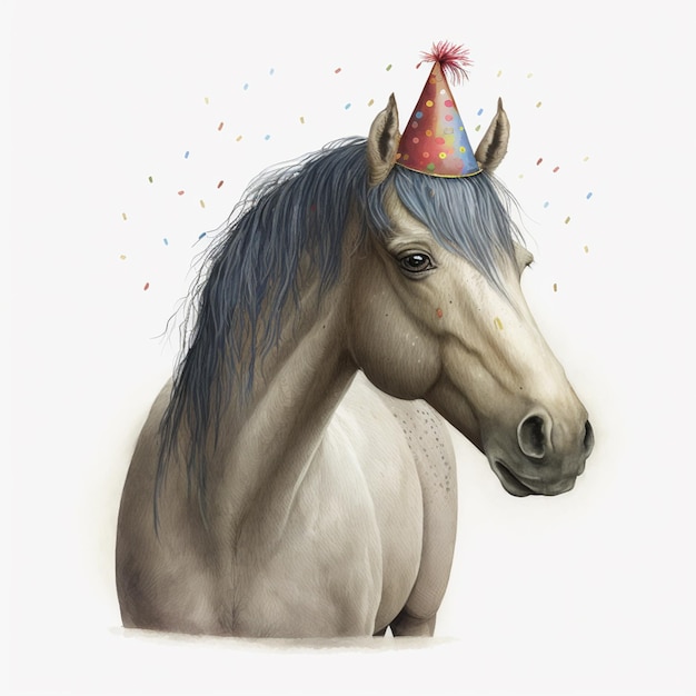 A horse wearing a party hat is wearing a party hat.