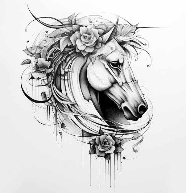 Horse wild prairie mustang Death Halloween Holiday Roses Flowers Tattoo Print Stamp