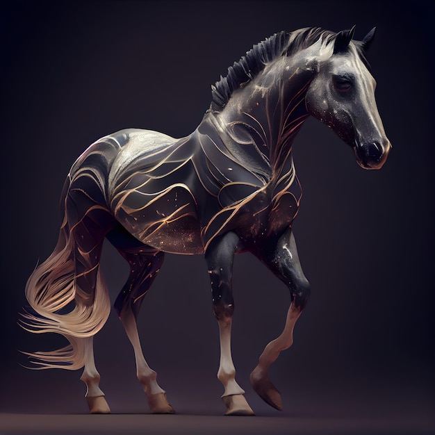 Horse with black and gold color 3D illustration 3D rendering