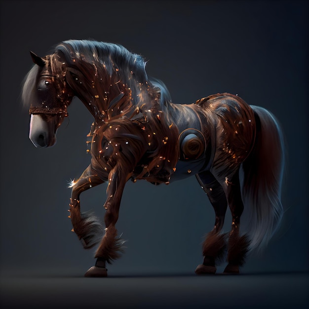 Лошадь с черной гривой 3D рендеринг на темном фоне