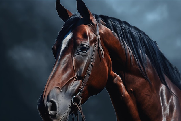 A horse with a black mane and white markings on its face.