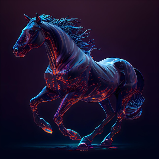 Horse with blue mane on dark background illustration
