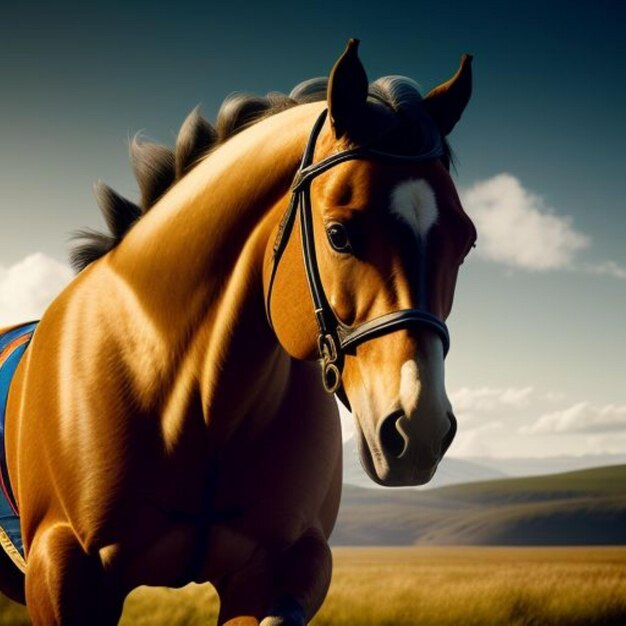 Foto viene mostrato un cavallo con una sella blu sulla testa
