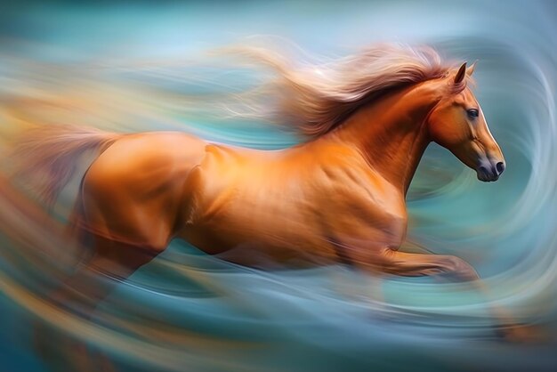 Photo a horse with a brown mane running through water.