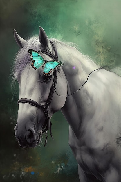 Photo a horse with a butterfly on its face is wearing a harness.