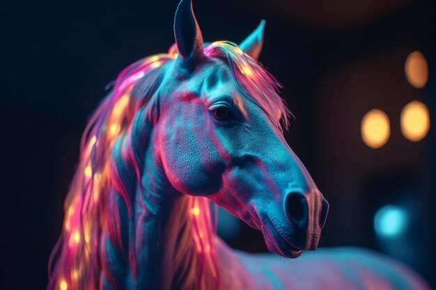 A horse with colorful lights on its head