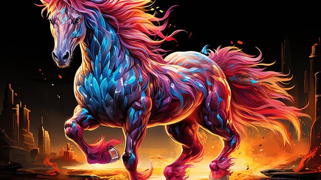 Photo a horse with a colorful mane is running through a field of fire