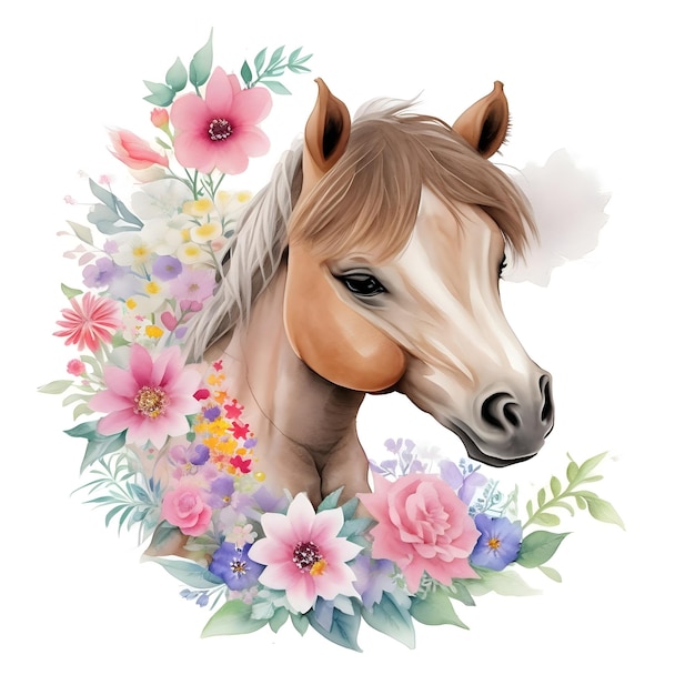 Photo a horse with a crown of flowers on its head watercolor paint