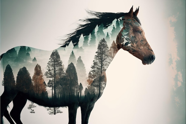 Horse with double exposure with natural forest landscape background