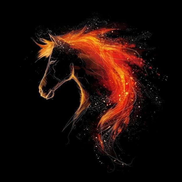 a horse with a fiery mane is running through a dark sky