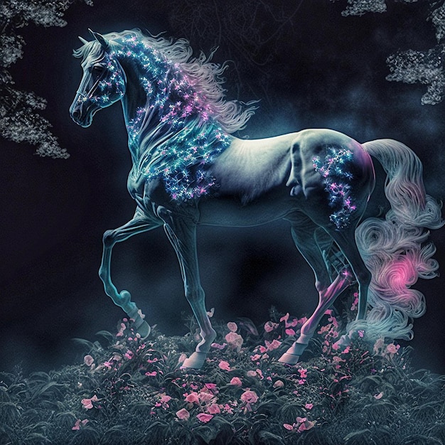 Лошадь с цветочным узором на спине стоит в поле цветов.