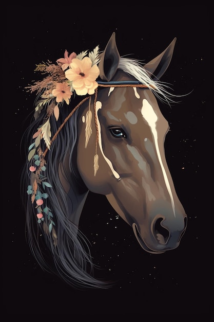 A horse with a flower crown on his head