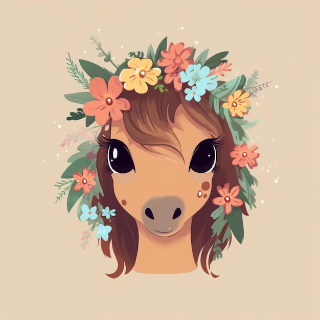 A horse with a flower crown on it