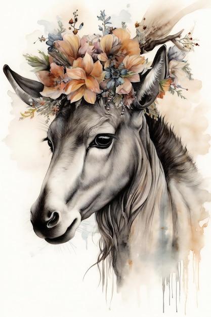 A horse with a flower crown on its head