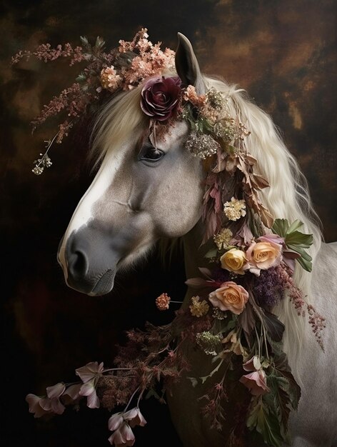 a horse with flowers on its head and the bridle on the face.