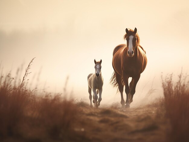 Horse with foal in fog