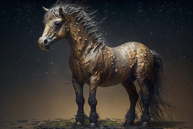 A horse with a golden coat and a black mane stands in a dark room.