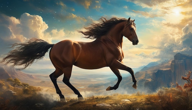 a horse with a horse running in the sky