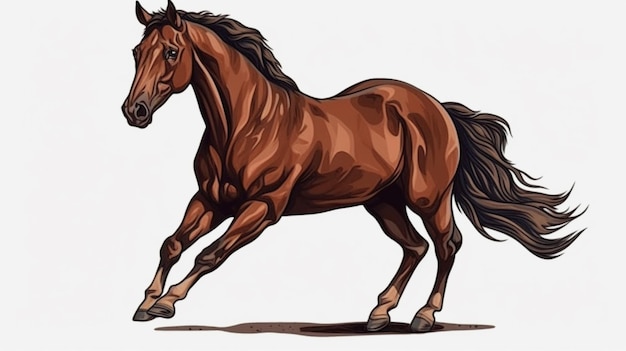 A horse with a long mane and tail is running.