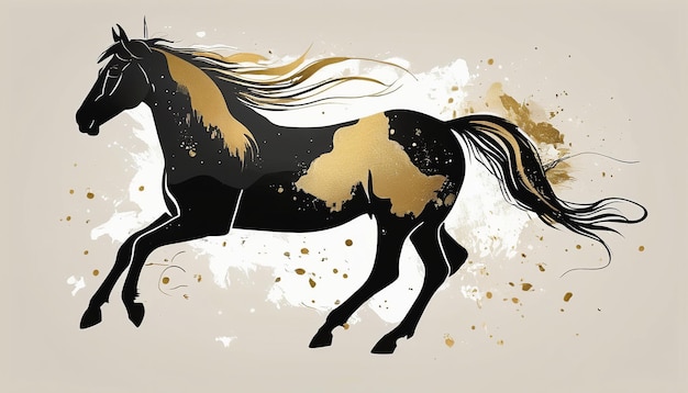 лошадь с длинным хвостом изображена в коричневом и золотом цвете