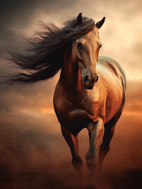 A horse with a mane of hair blowing in the wind