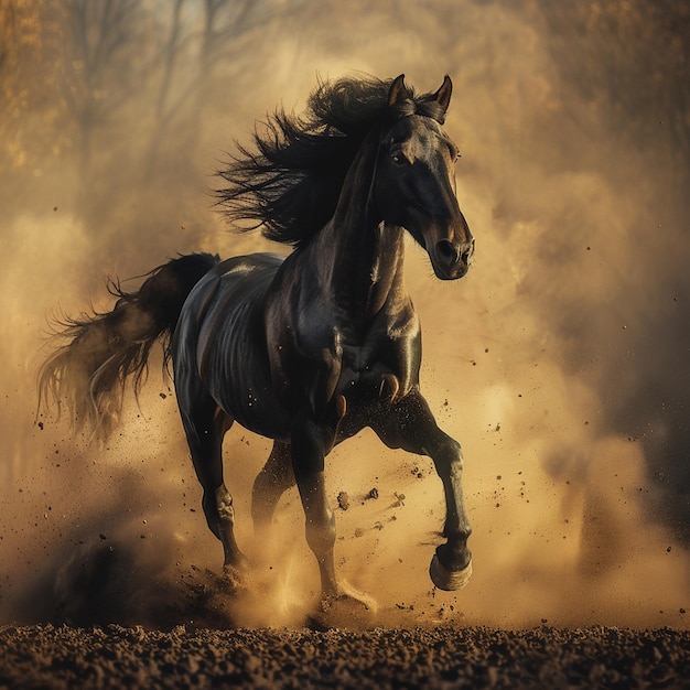 a horse with a mane running in the dust