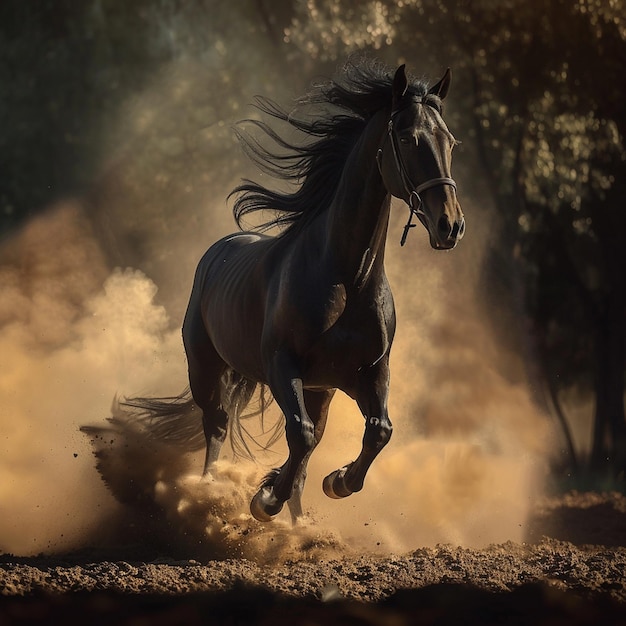 a horse with a mane running in the dust