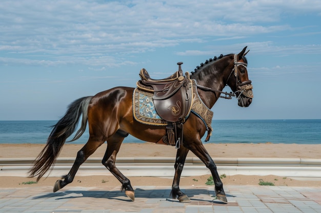 Foto cavallo con sella ornata che trotta su una passeggiata sulla spiaggia