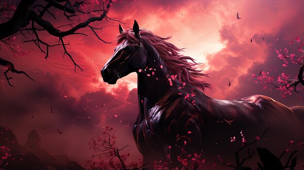 a horse with pink flowers on its head is in the sunset