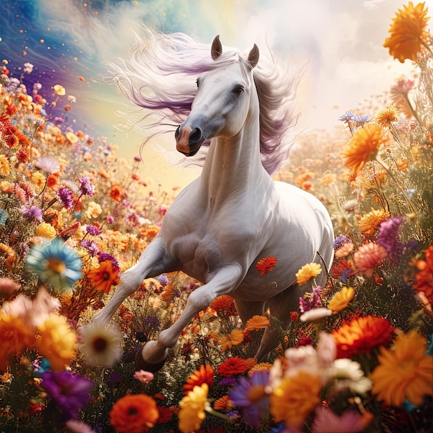 a horse with a purple mane is in a field of flowers