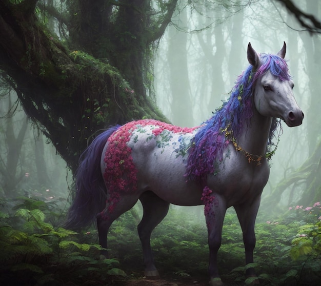 A horse with a purple mane stands in a forest.