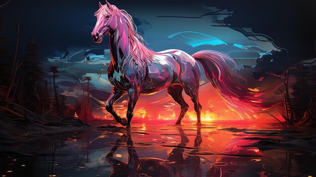 a horse with a purple mane walks in the sunset