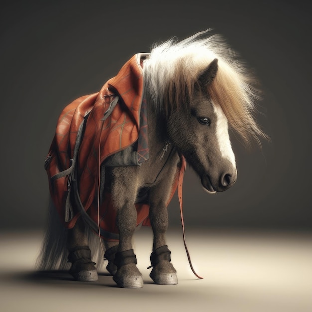 A horse with a red jacket and a white mane is standing in a dark room.