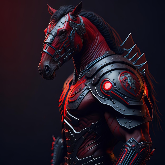 A horse with a red shield and a red shield on his head.