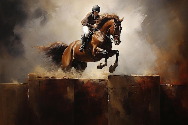 a horse with a rider on the back is racing on a wall.