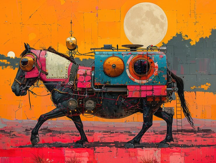 Photo a horse with a saddle and a full moon in the background