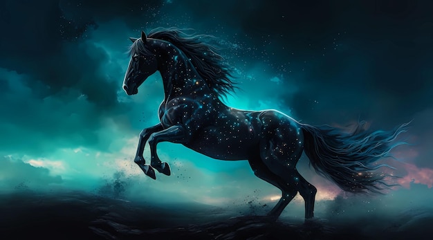 青い背景に背中に星が描かれた馬が描かれています。