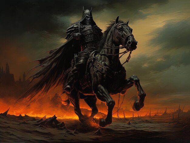 a horse with a sword and a fire in the background