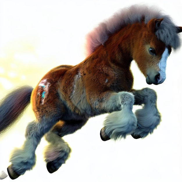 A horse with a white face and a blue tail is running in the air.