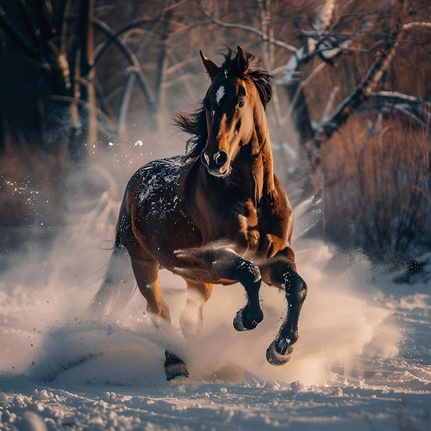 a horse with a white face running in the snow