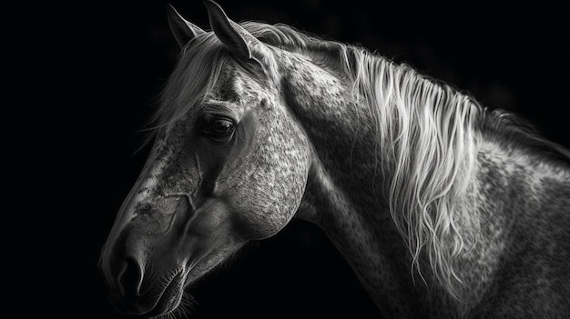 A horse with a white mane and a black background.