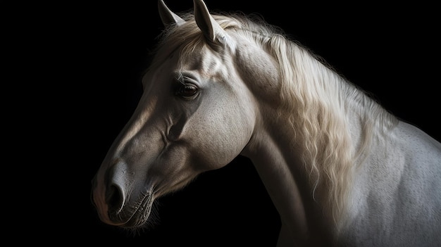 A horse with a white mane on a black background