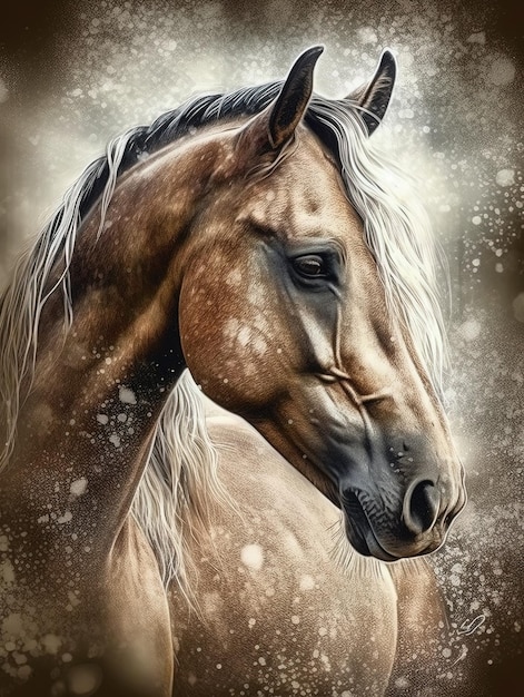 a horse with a white mane and brown mane.