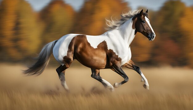 a horse with a white mane running in a field