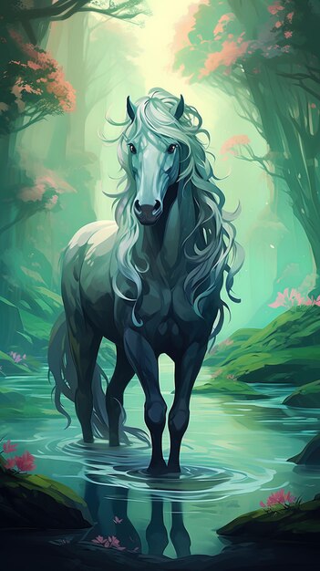 a horse with a white mane stands in a stream