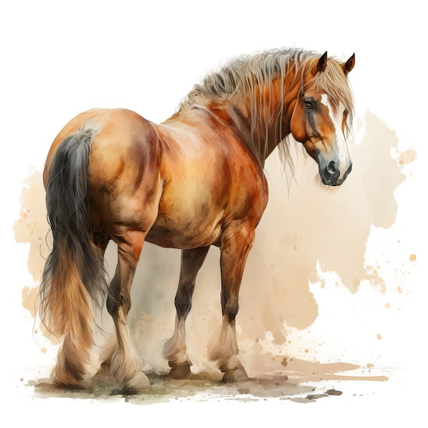 A horse with a white mane and tail is painted in watercolors.